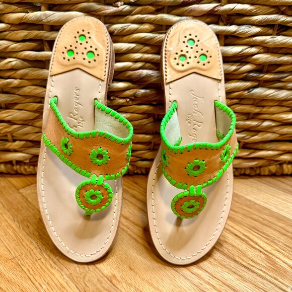 Jack Rogers Original Jacks Sandals - Lime Green & Tan - Size 9M - Picture 4 of 7